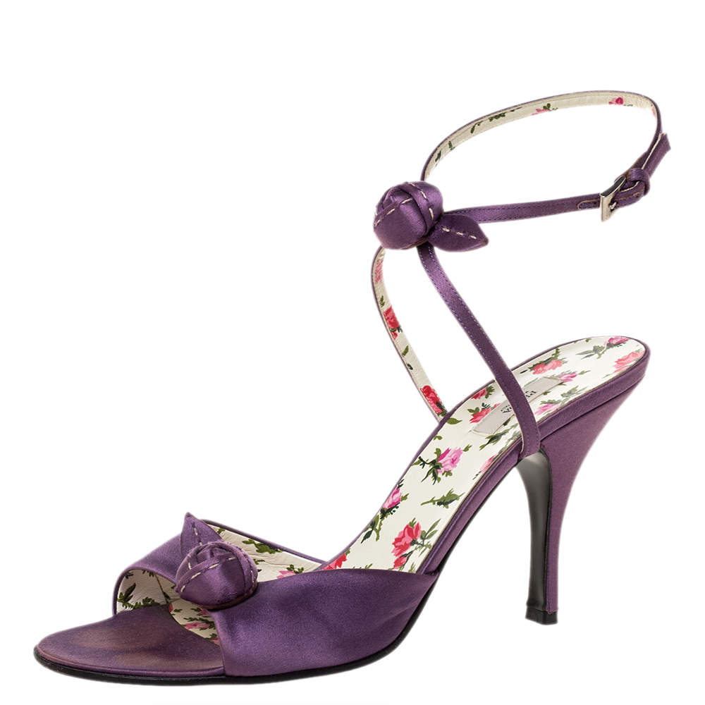 Prada Purple Satin Rose Bud Embellished Peep Toe Slingback Sandals Size 41