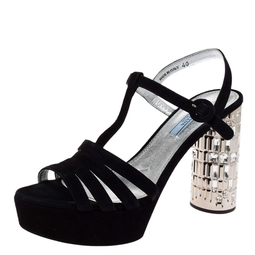 Prada Black Suede Crystal Embellished Block Heel Ankle Strap Platform Sandals Size 40