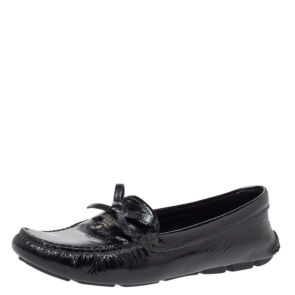 Prada Black Patent Leather Bow Slip On Loafers Size 37.5