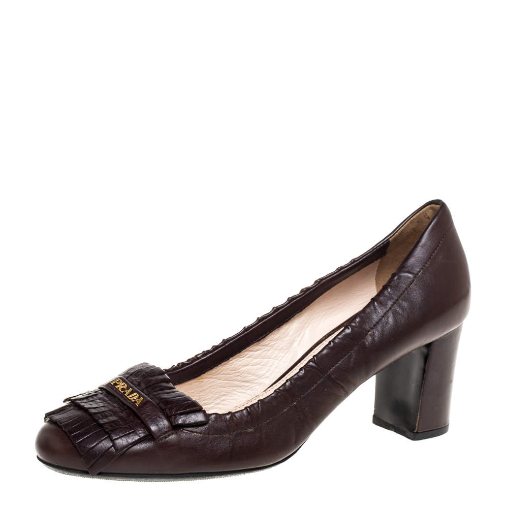 Pre Owned Prada Brown Leather Fringe Loafer Pumps Size 37