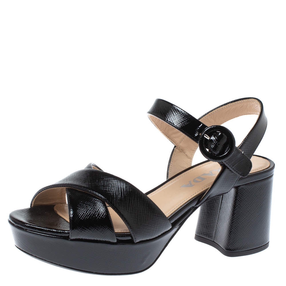 Prada Black Patent Leather Ankle Strap Platform Sandals Size 35 Prada | TLC