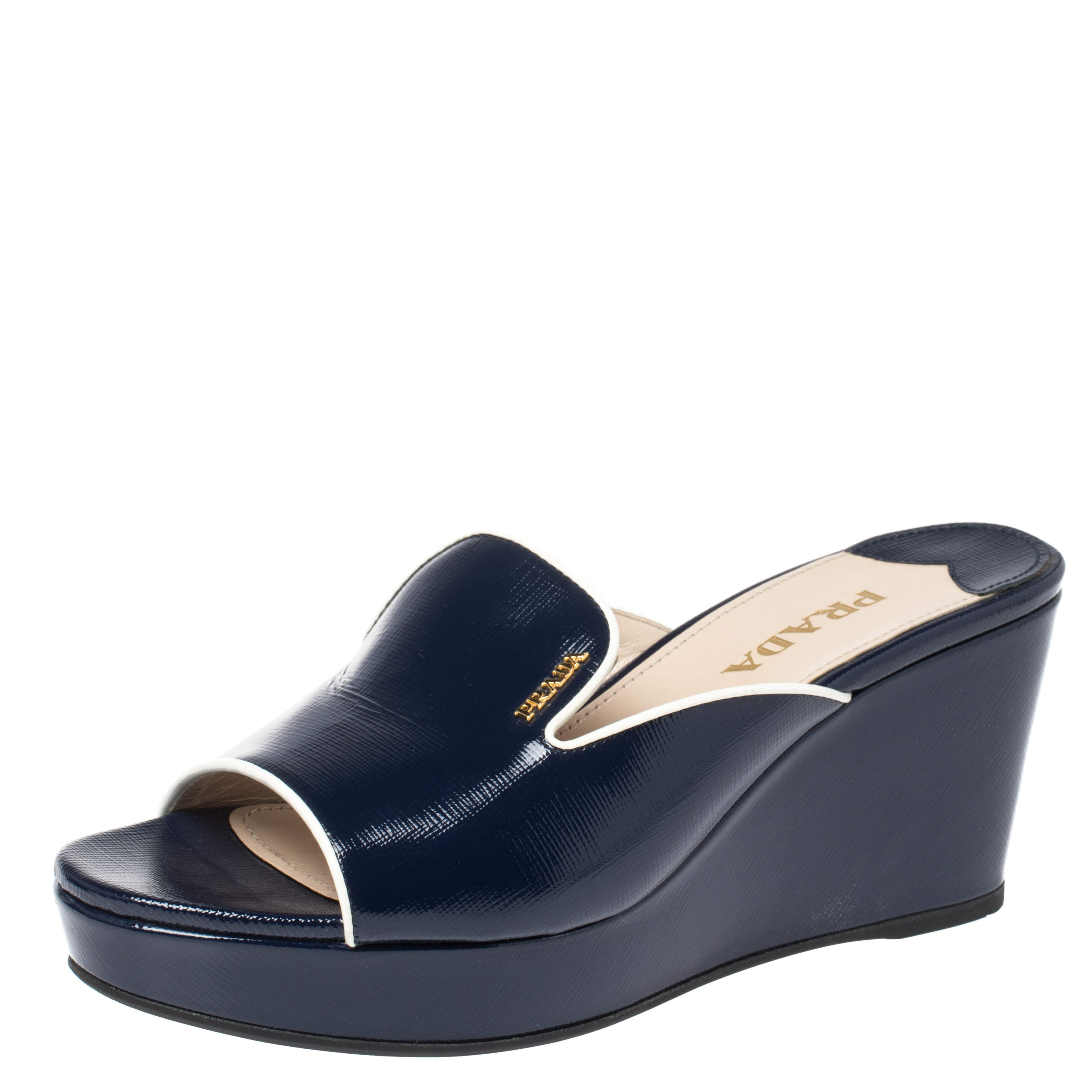 Prada Blue Patent Leather Wedge Slide Sandal Size 39
