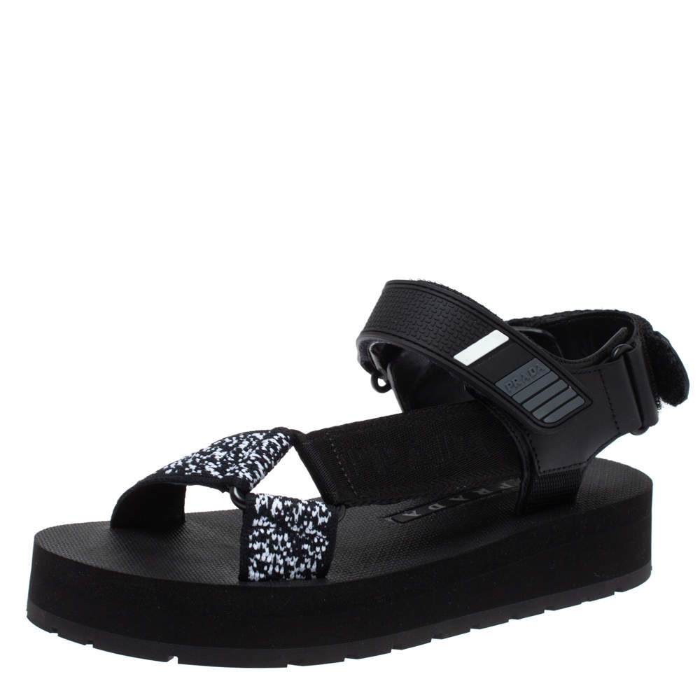 Pre Owned Prada Black Canvas, Rubber and Leather Trim Jacquard Logo Platform Sandals Size 35