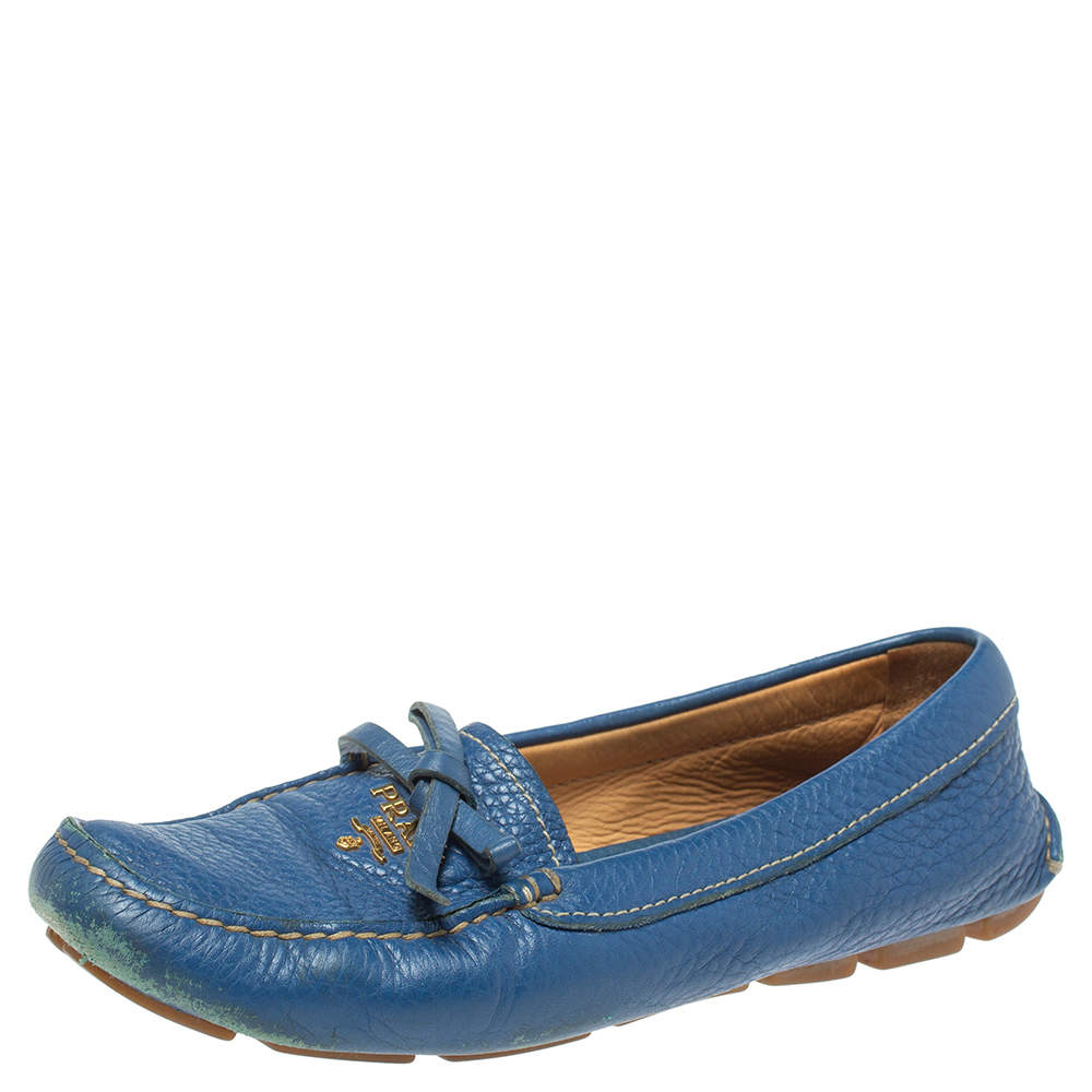 Prada Blue Leather Bow Slip On Loafers Size 35