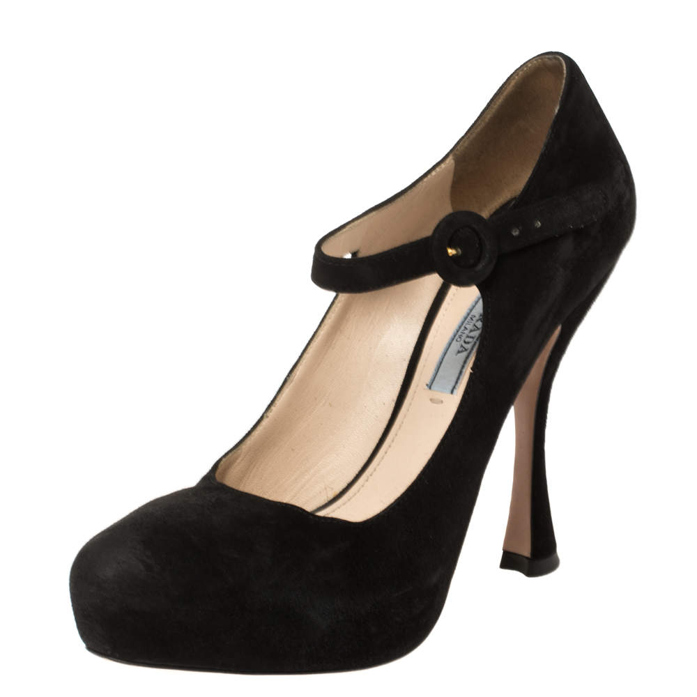 Prada Black Suede Mary Jane Ankle Strap Pumps Size 37