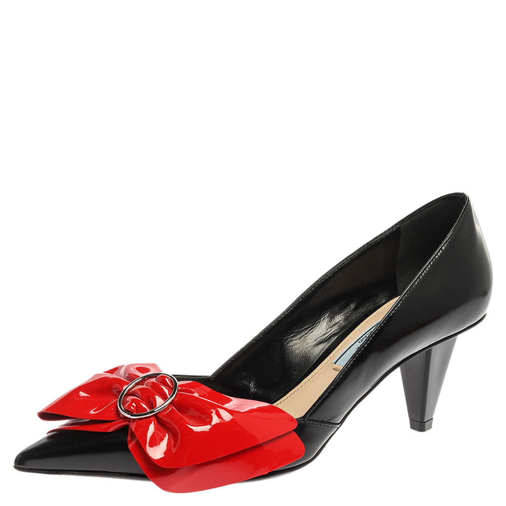 Prada Black/Red Patent and Leather Bow Pumps Size 37