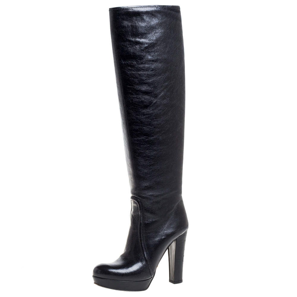 Pre Owned Prada Black Leather Knee Length Boots Size 37.5