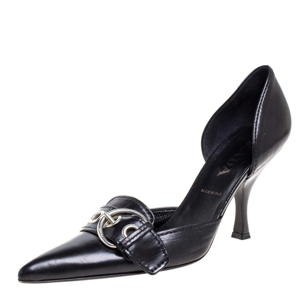 Pre Owned Prada Black Leather Buckle Detail Pointed Toe D'orsay Pumps Size 38
