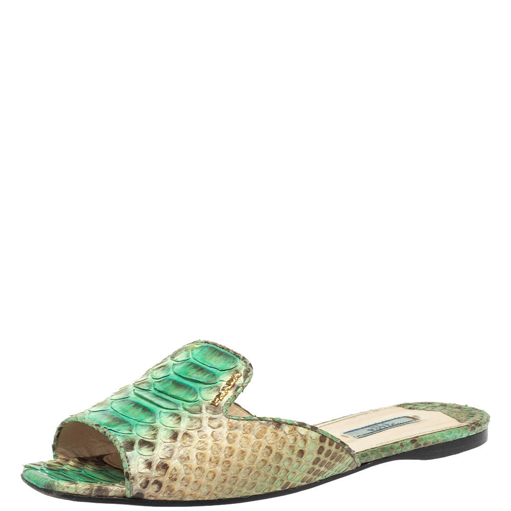 Prada Green/Beige Python Flat Slides Size 40