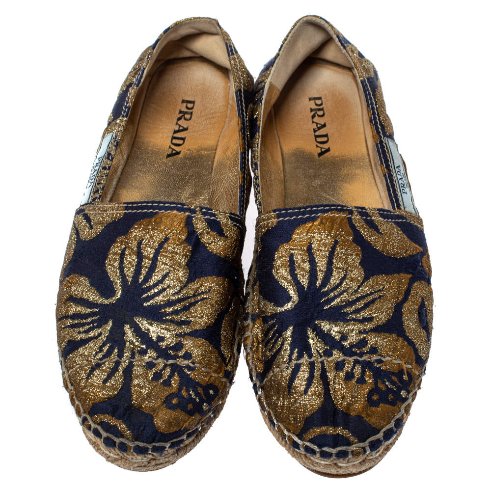 Prada Gold Blue Brocade Fabric Slip On Espadrilles Size 39.5 Prada TLC