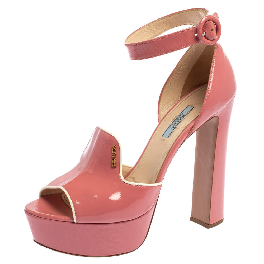 Prada Pink Patent Leather Platform Open Toe Ankle Strap Sandals Size 40