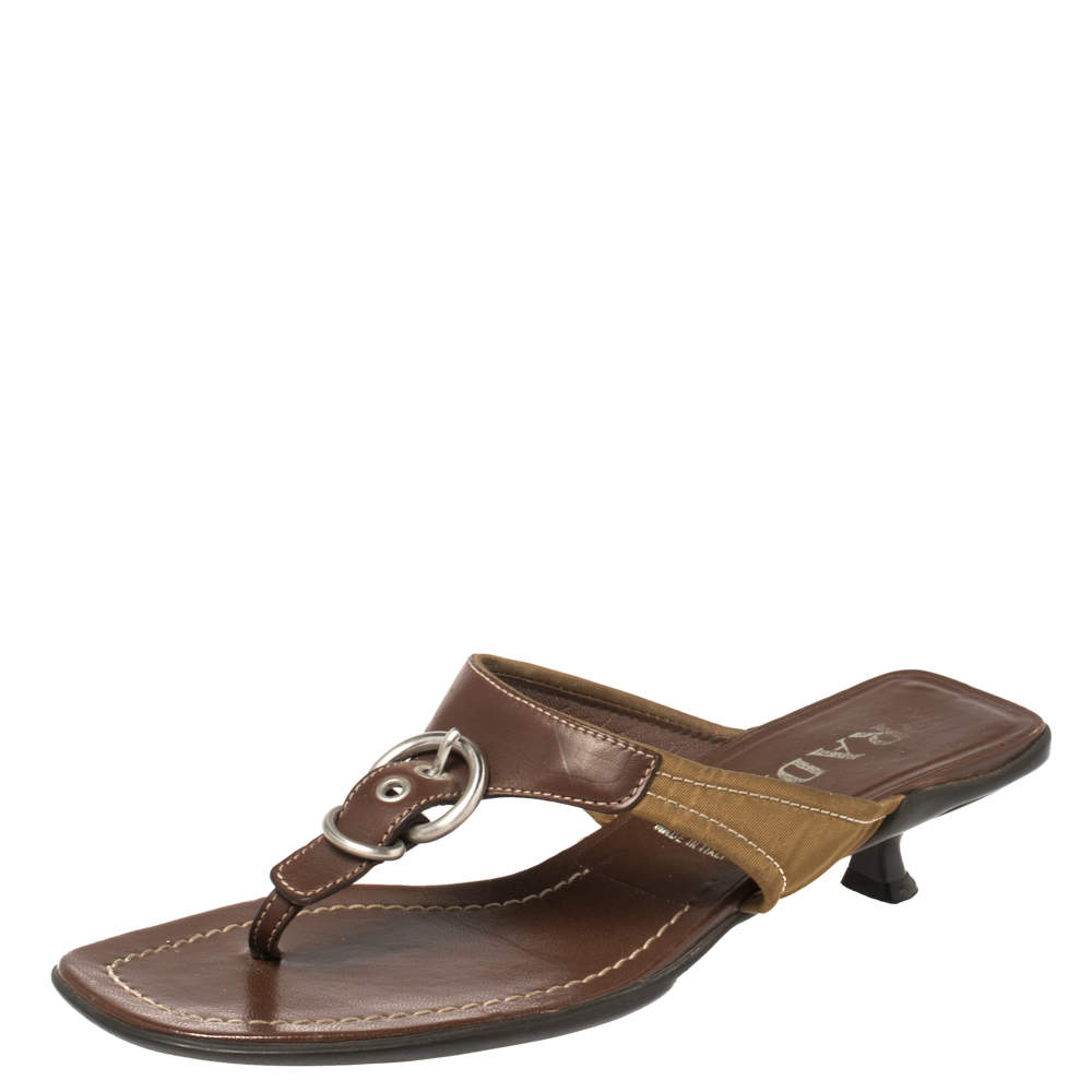 Prada Brown Leather and Nylon Buckle Thong Sandals Size 36.5