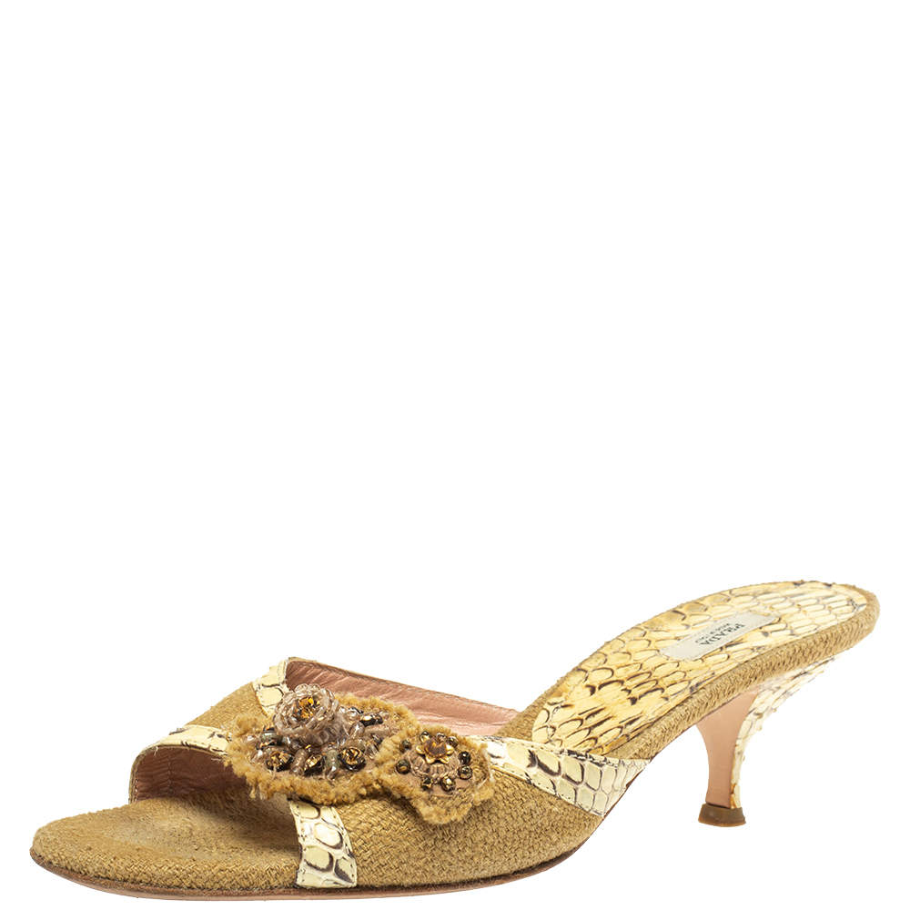 Prada Two Tone Jute And Python Embellished Slide Sandals Size 37