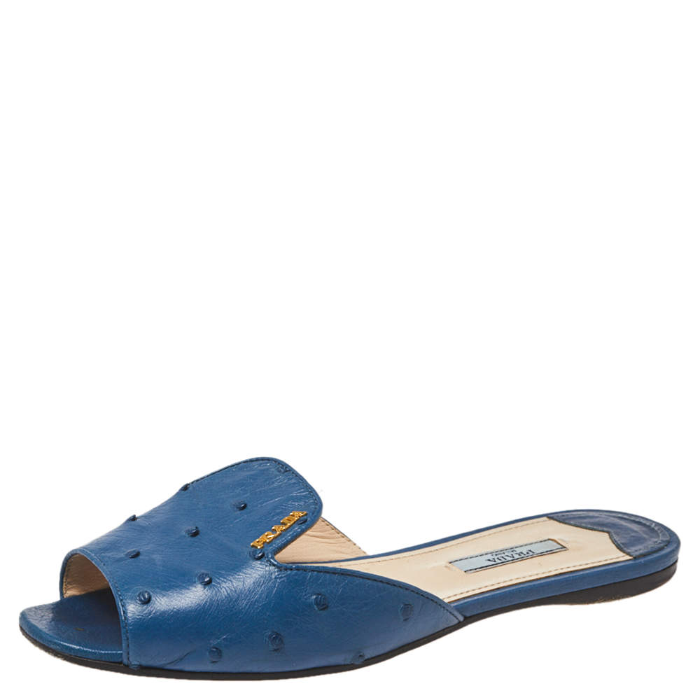 Prada Dark Blue Ostrich Slide Sandals Size 37.5