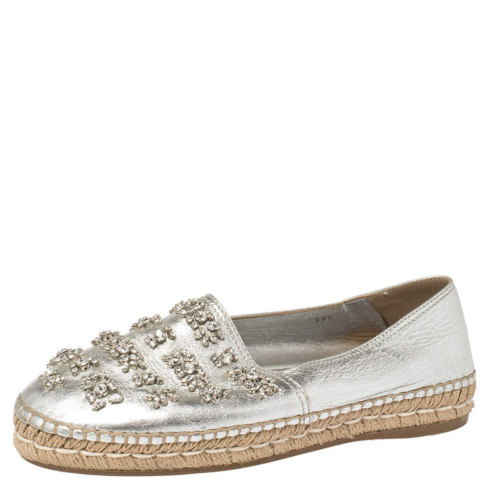 Pre Owned Prada Silver Leather Crystal Embellishment Slip On Espadrilles Size 39.5