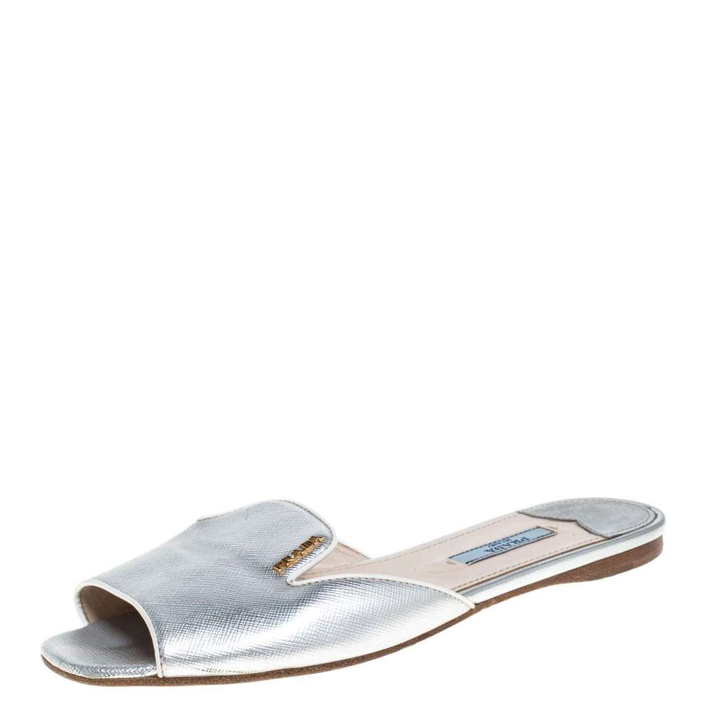 Pre Owned Prada Silver Saffiano Leather Slide Flats Size 37.5