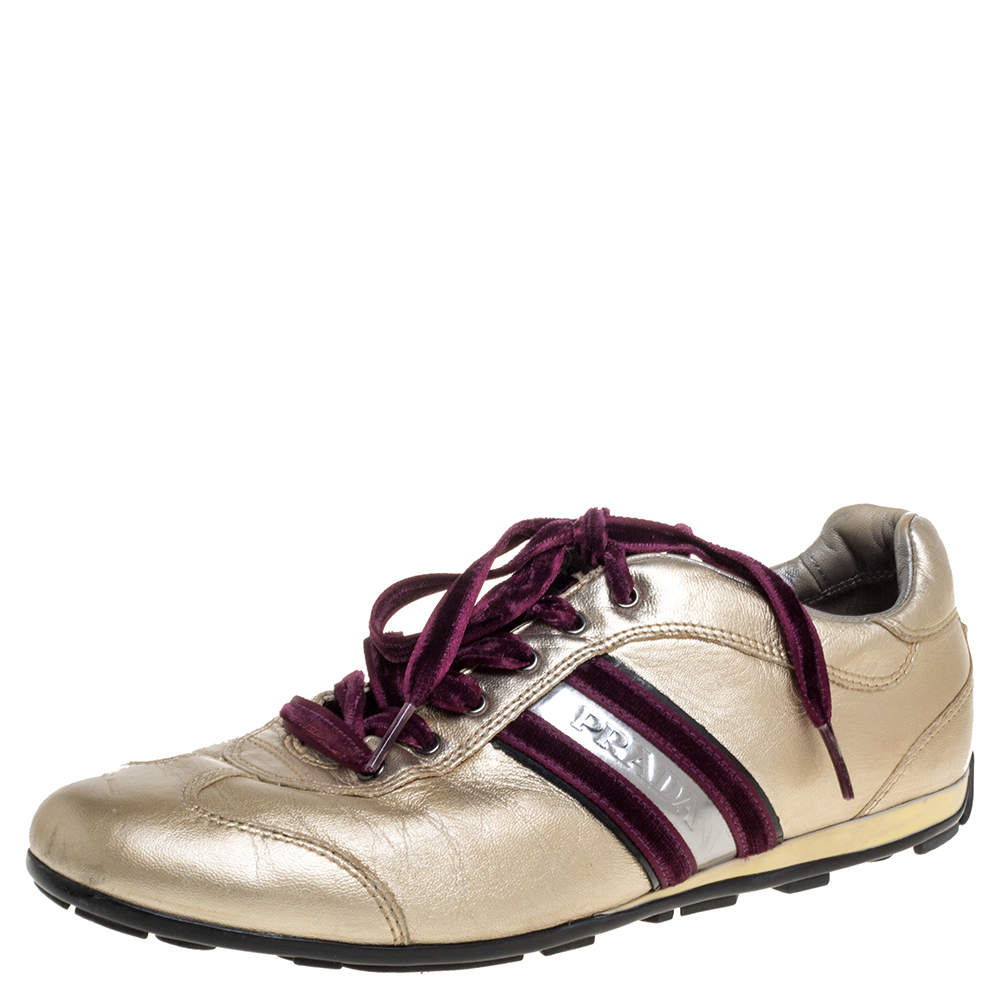 Pre Owned Prada Metallic Gold Leather Lace Low Top Sneakers Size 38