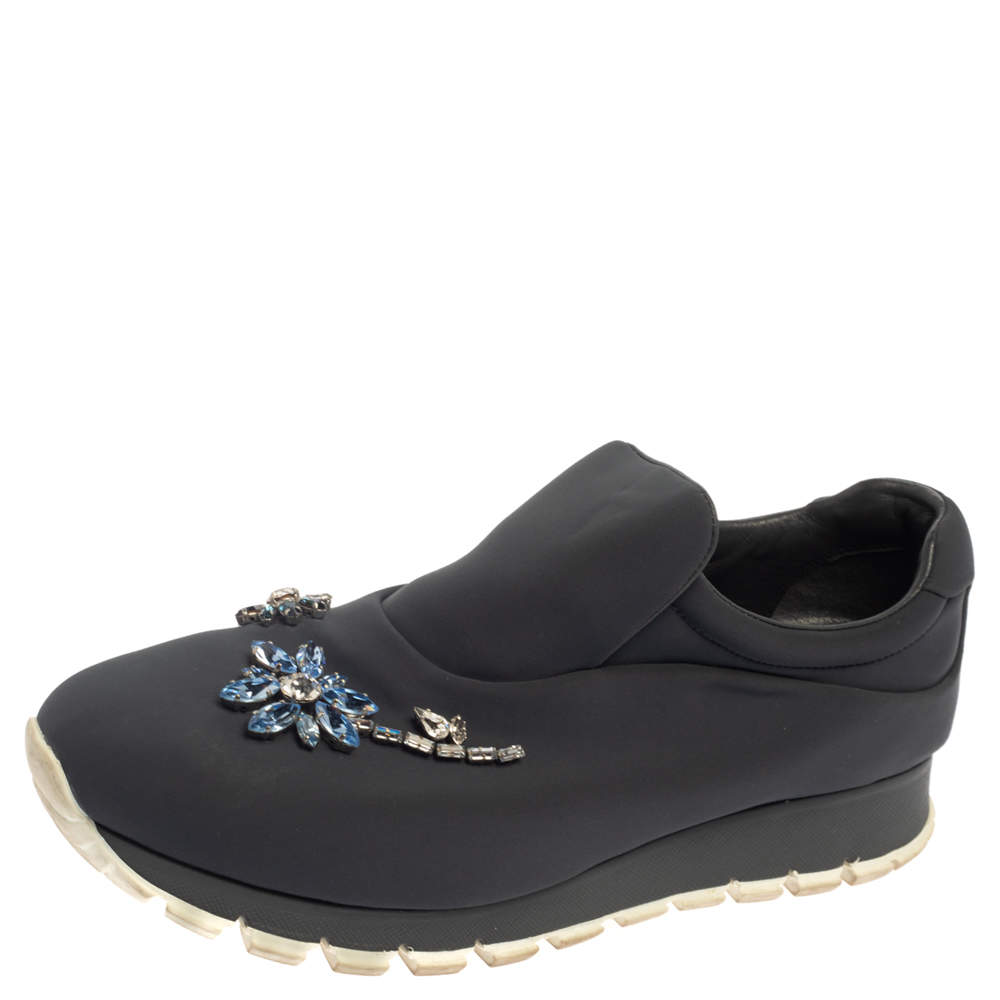 مملوكة مسبقًا Prada Grey Nylon Crystal Embellished Slip On Sneakers Size 38.5