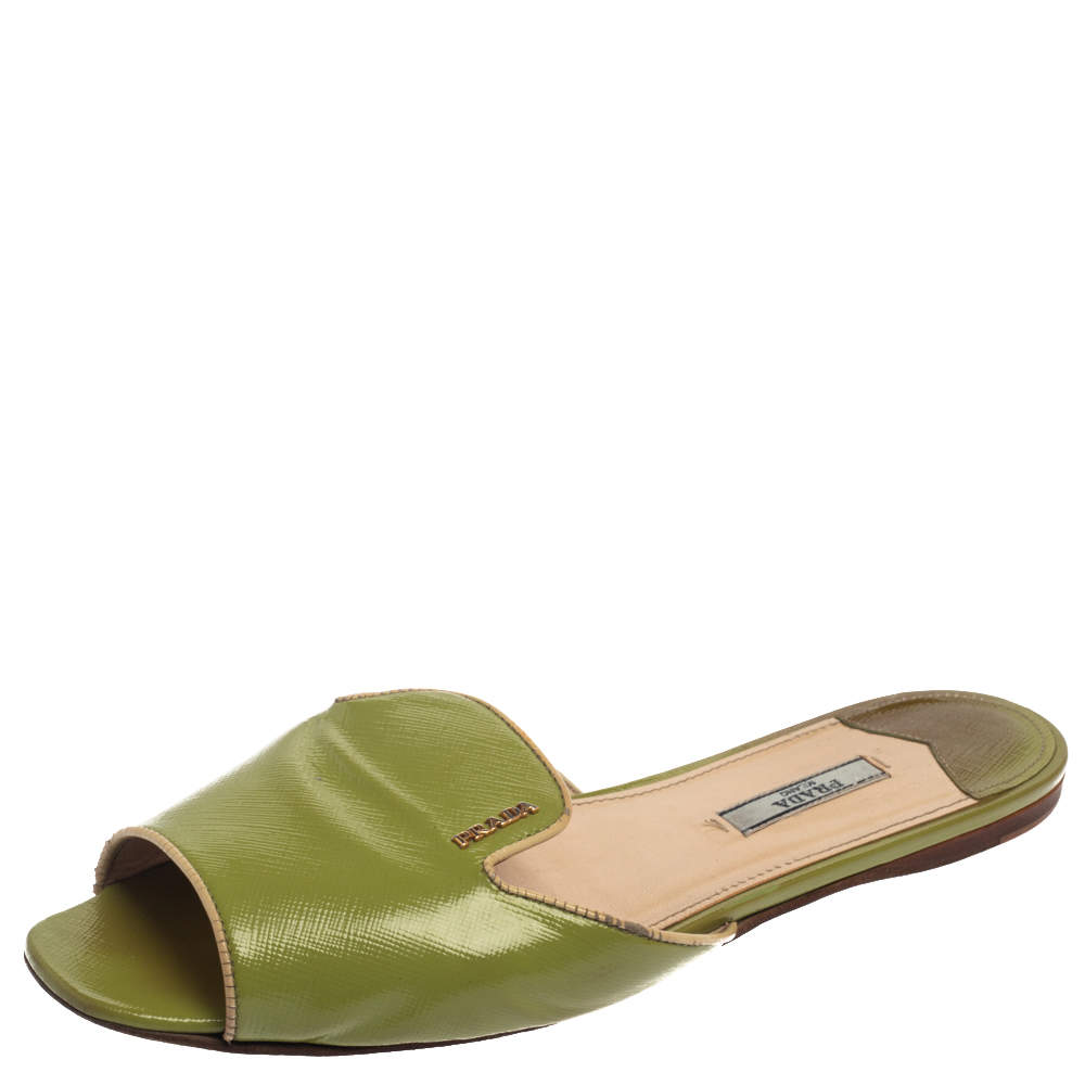 Prada Apple Green Saffiano Patent Leather Slide Sandals Size 40.5
