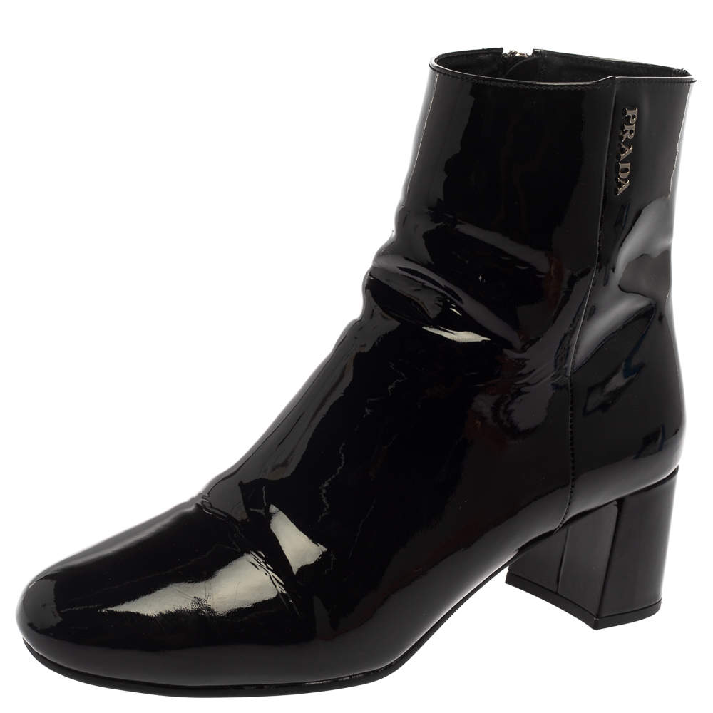 Prada Black Patent Leather Zip Detail Ankle Boots Size 38