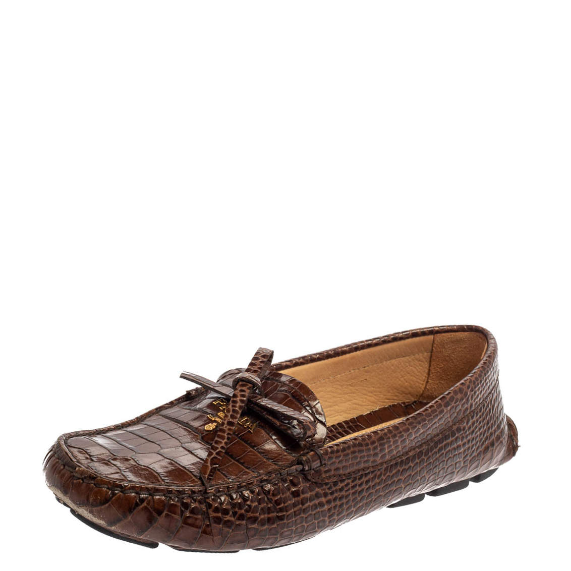 Pre Owned Prada Brown Croc Embossed Leather Loafers Size 38.5