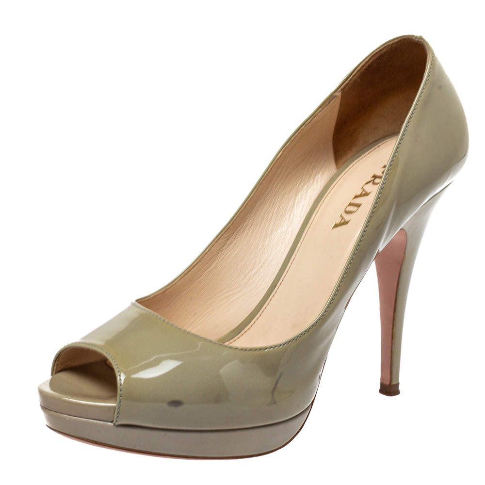 Pre Owned Prada Lime Green Patent Leather Peep Toe Platform Pumps Size 38