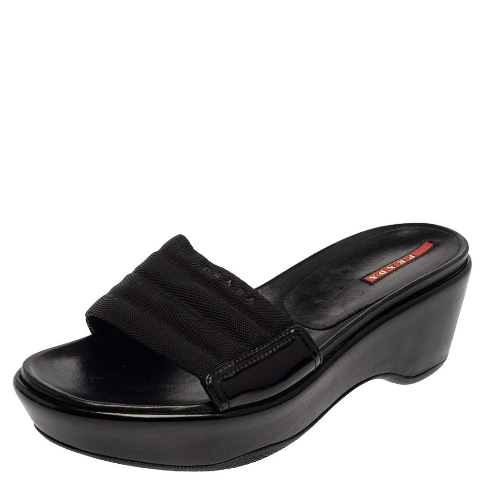Prada Black Canvas and Patent Leather Wedge Slide Sandals Size 38