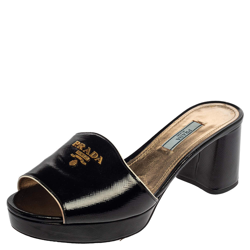 Prada Black Saffiano Patent Leather Block Heel Sandals Size 38