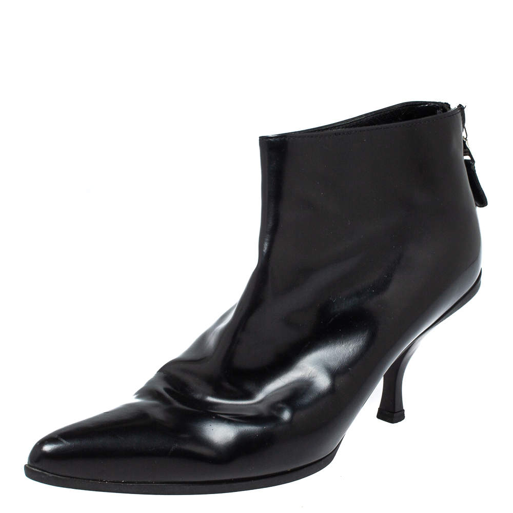 Prada Black Patent Leather Ankle Booties Size 37.5