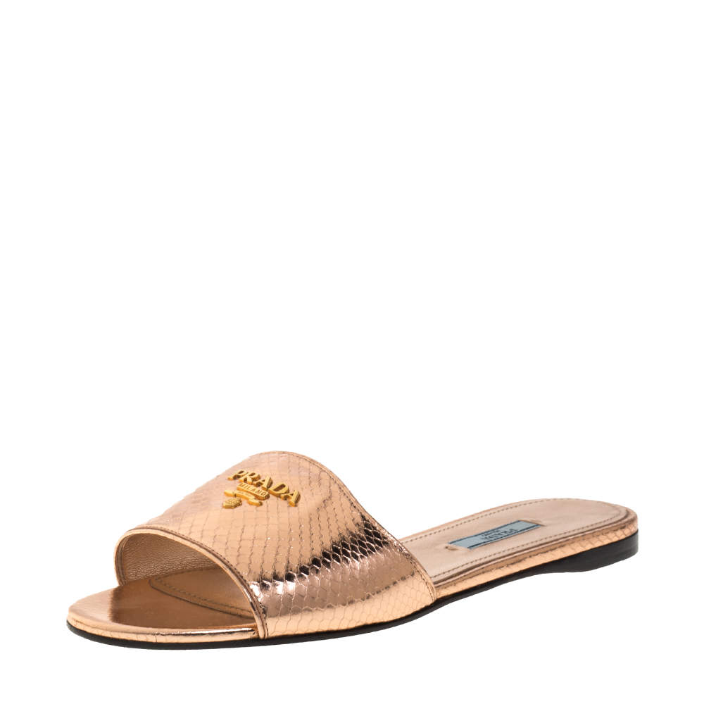 Prada Metallic Rose Gold Python Embossed Leather Flat Slide Sandals Size 39