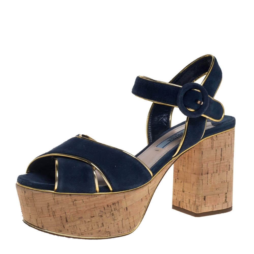 Prada Blue/Gold Suede And Leather Platform Sandals Size 36.5