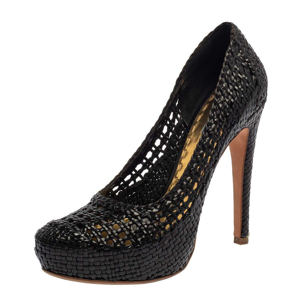 Pre Owned Prada Black Woven Leather Madras Platform Pumps Size 40