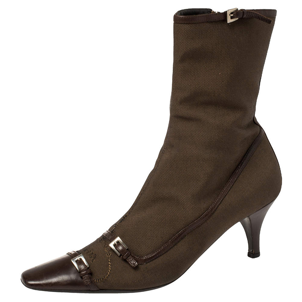 Pre Owned Prada Brown Fabric And Leather Buckle Detail Mid Heel Ankle Boots Size 40