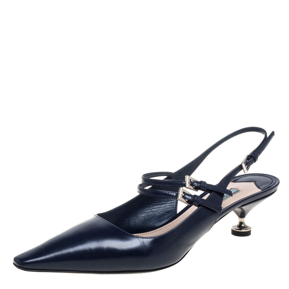 Prada Blue Leather Mary Jane Pointed Toe Slingback Sandals Size 40