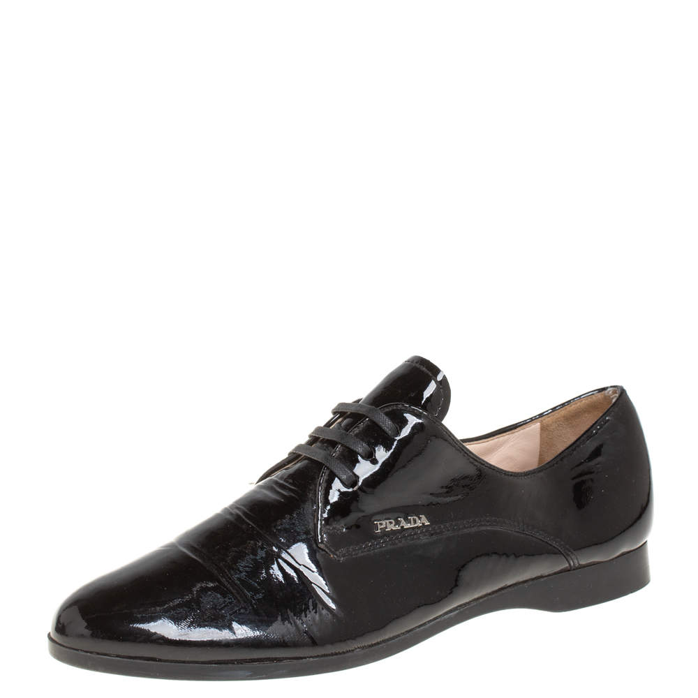 Pre Owned Prada Black Patent Leather Lace up Derby Size 36.5