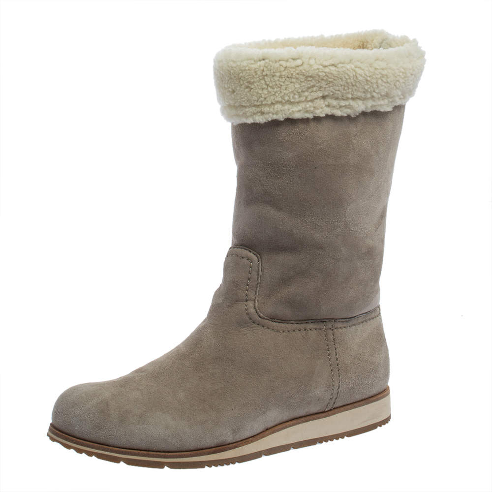 مملوكة مسبقًا Prada Grey Suede And Shearling Fur Trimmed Mid Calf Boots Size 38