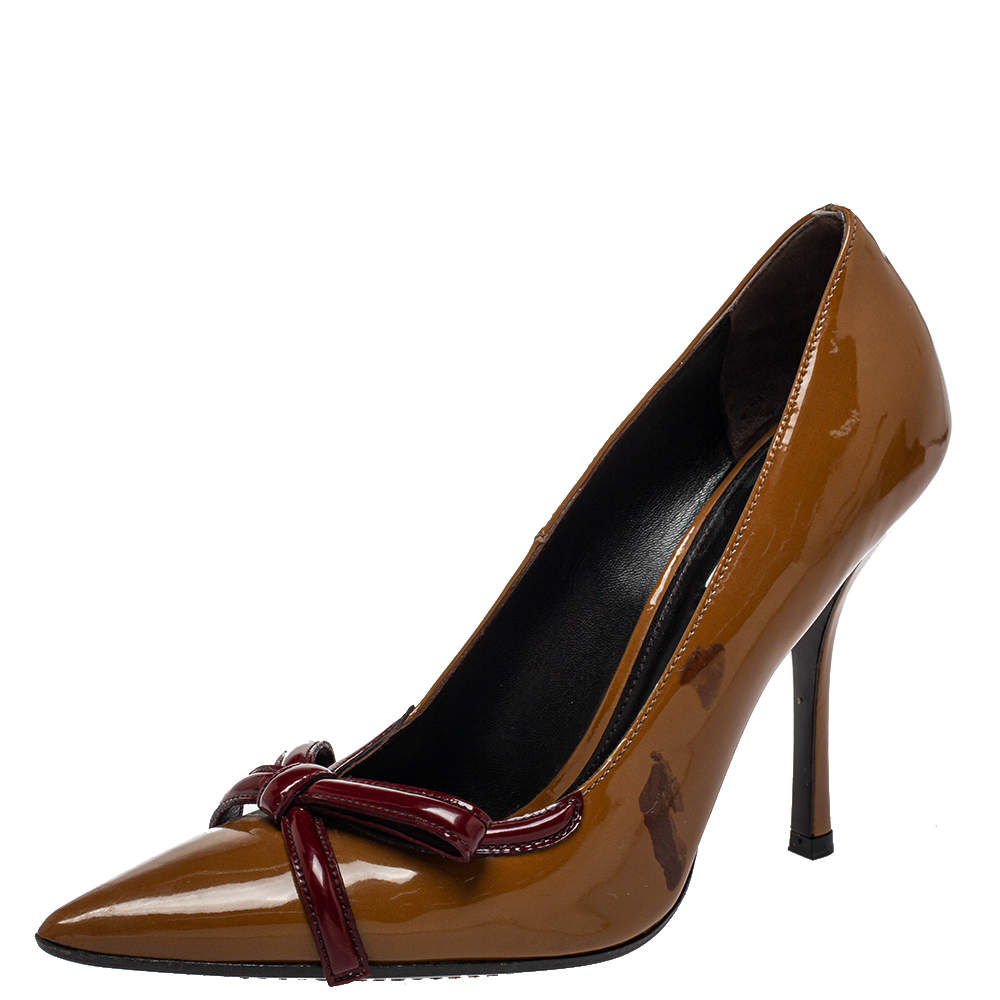 Prada Vintage Brown/Red Patent Leather Bow Pointy Toe Pumps Size 38 Prada |  TLC