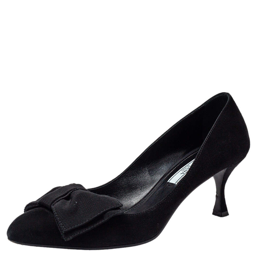 Prada Black Suede Bow Pointed Toe Pumps Size 38