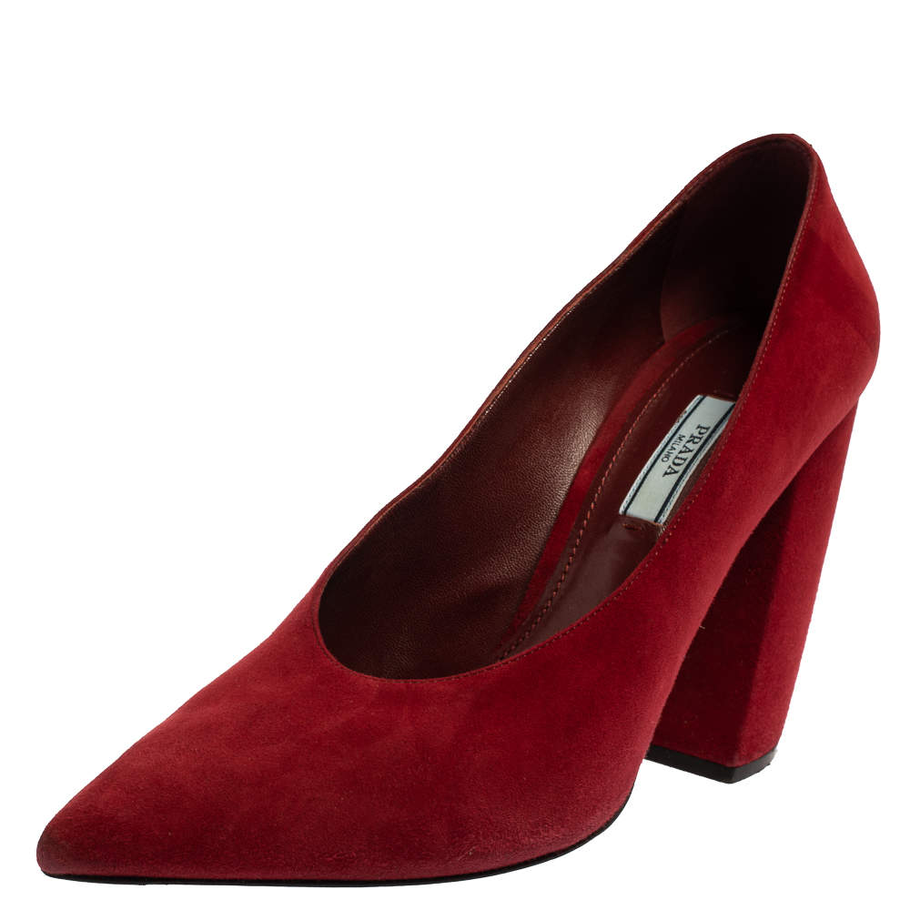 Pre Owned Prada Red Suede Slanted Block Heel Pumps Size 40