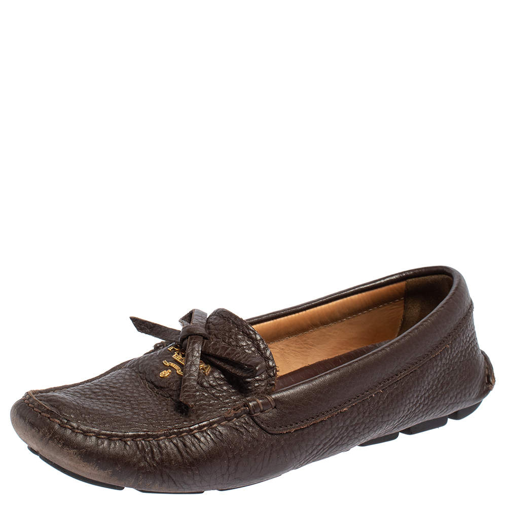 Pre Owned Prada Brown Textured Leather Bow Loafers Size 37.5