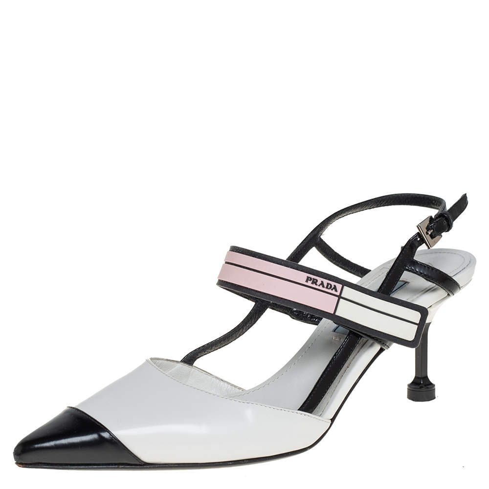 Pre Owned Prada White/Black Leather Cap Toe Slingback Sandals Size 36