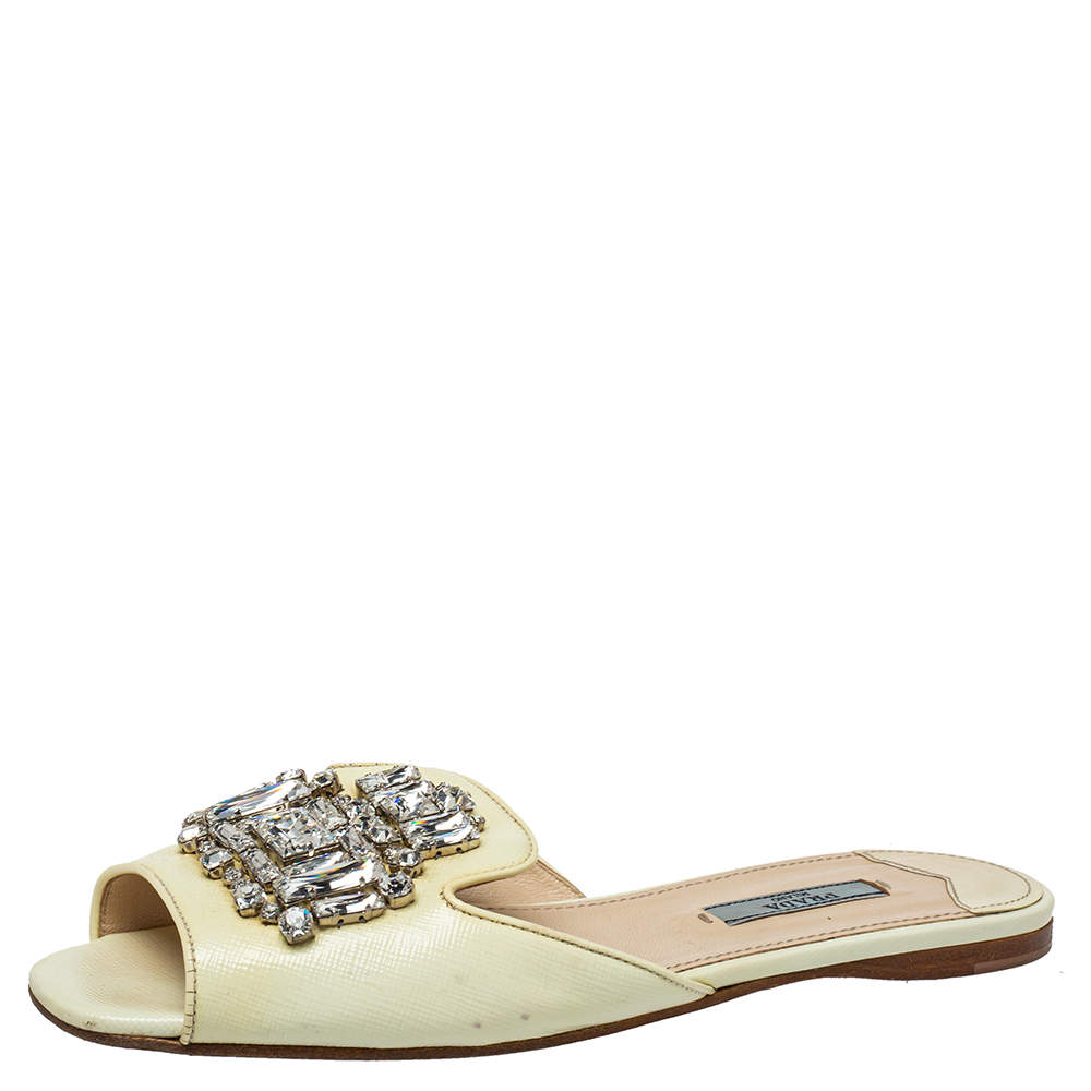 Prada Cream Patent Saffiano Leather Crystal Embellished Flat Sandals Size 38 