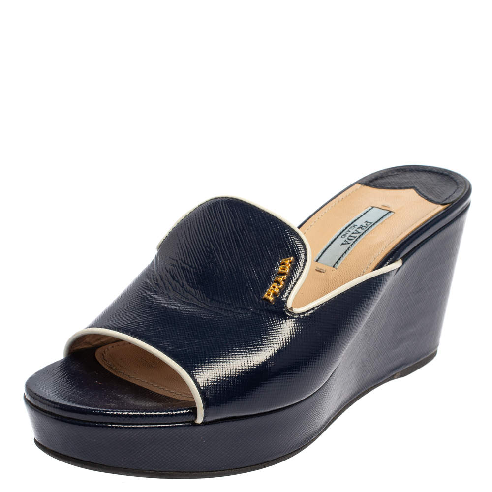 Prada Blue/White Patent Leather Wedge Slide Sandals Size 37