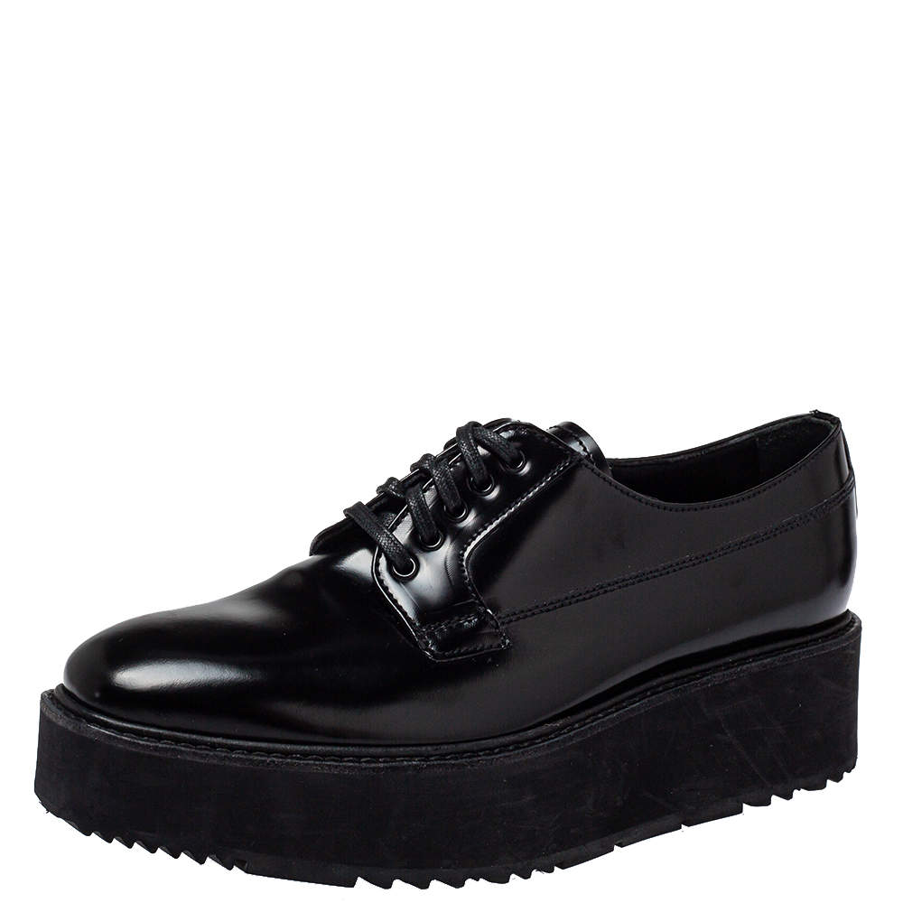 مملوكة مسبقًا Prada Black Leather Lace Up Platform Derby Size 38