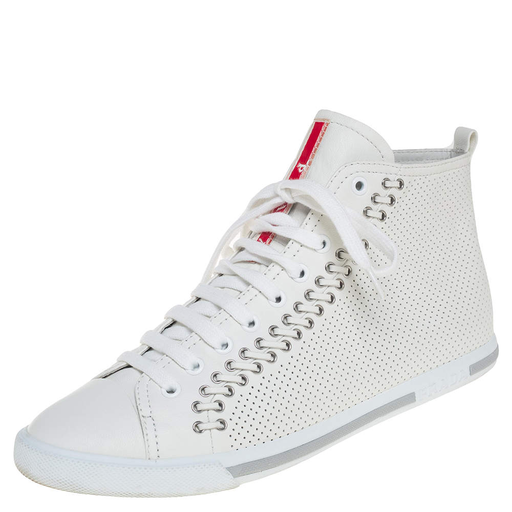Prada White Perforated Leather High Top Sneakers Size 39