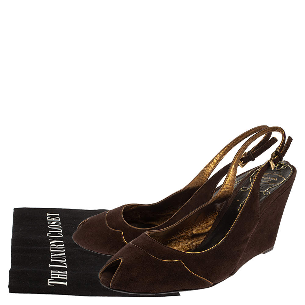 Pre Owned Prada Brown Suede Wedge Peep Toe Sandals Size 41