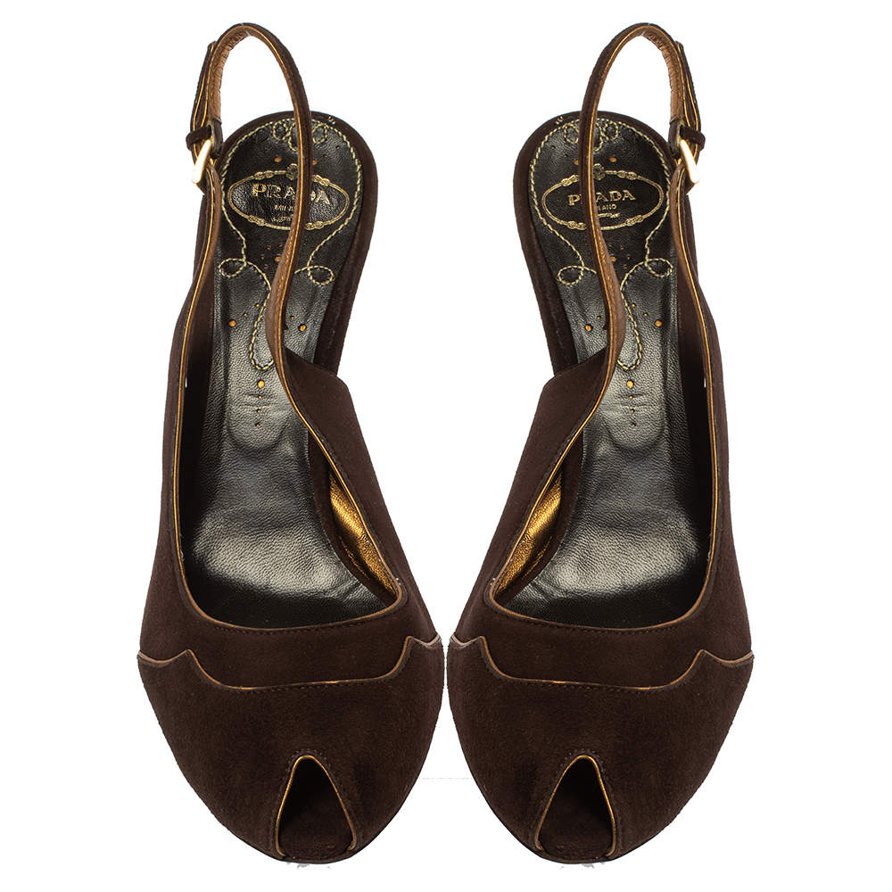Pre Owned Prada Brown Suede Wedge Peep Toe Sandals Size 41