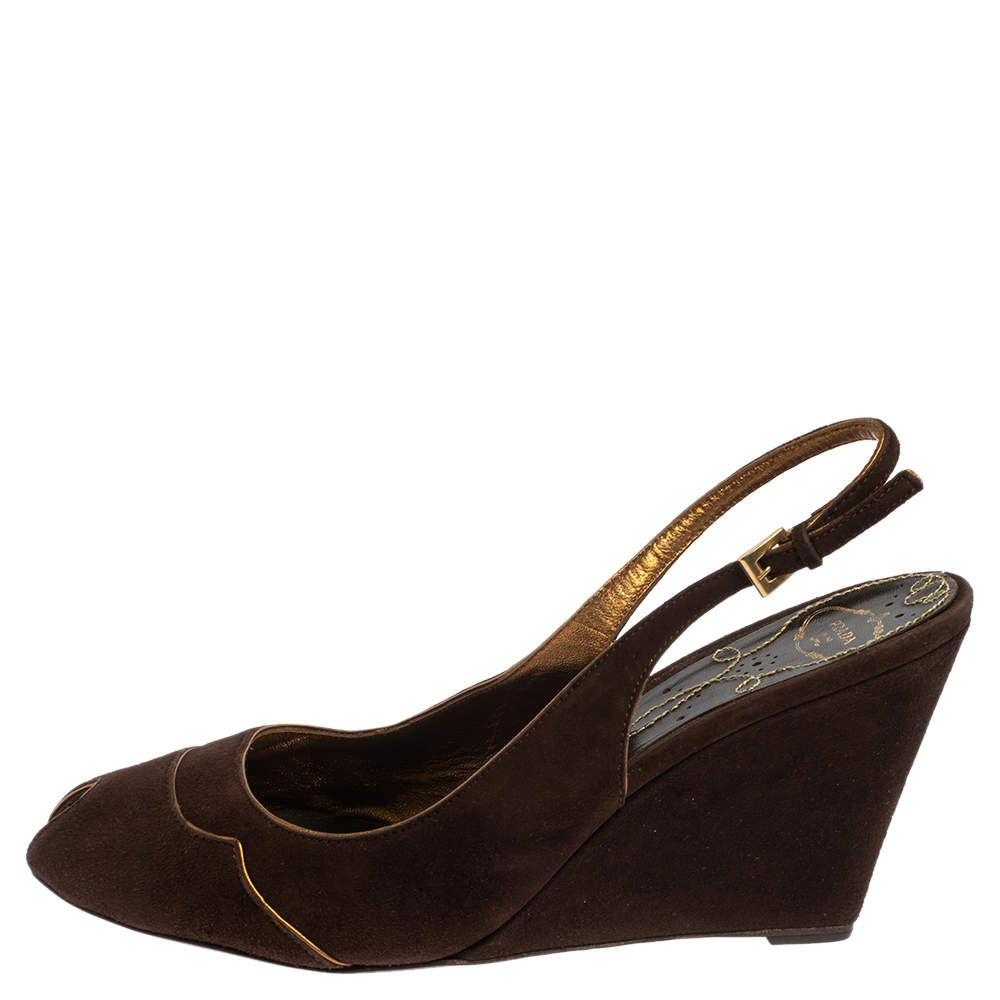 Pre Owned Prada Brown Suede Wedge Peep Toe Sandals Size 41