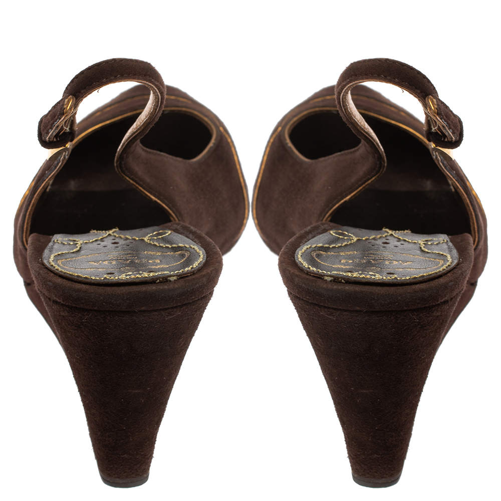 Pre Owned Prada Brown Suede Wedge Peep Toe Sandals Size 41