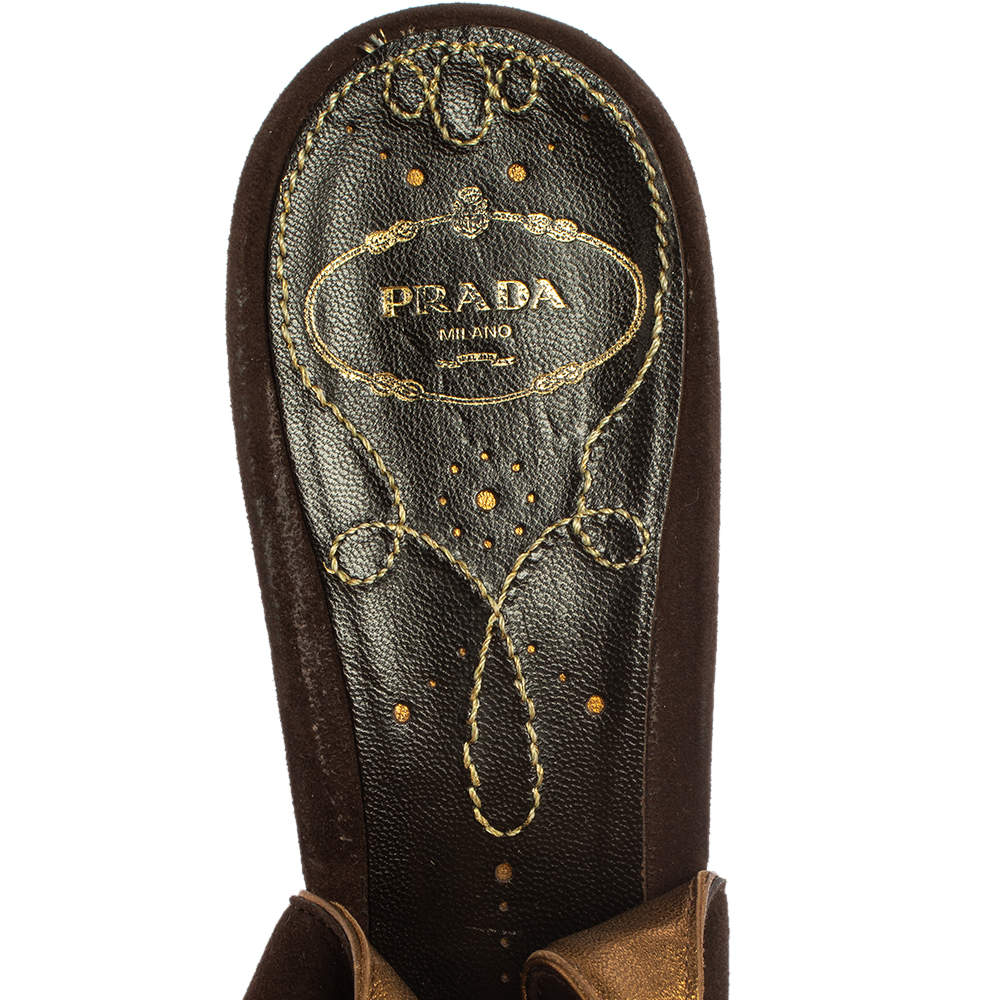Pre Owned Prada Brown Suede Wedge Peep Toe Sandals Size 41